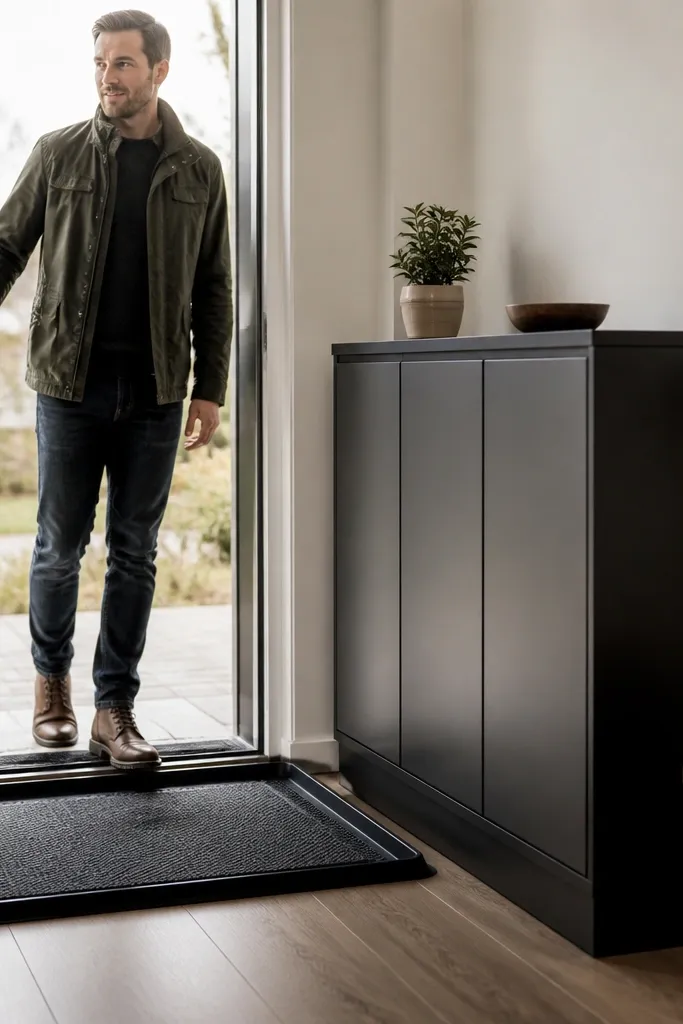 Textured entry mat beside a slim cabinet with shoe slots