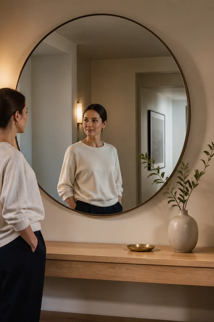 Round mirror over a light oak console with minimal decor