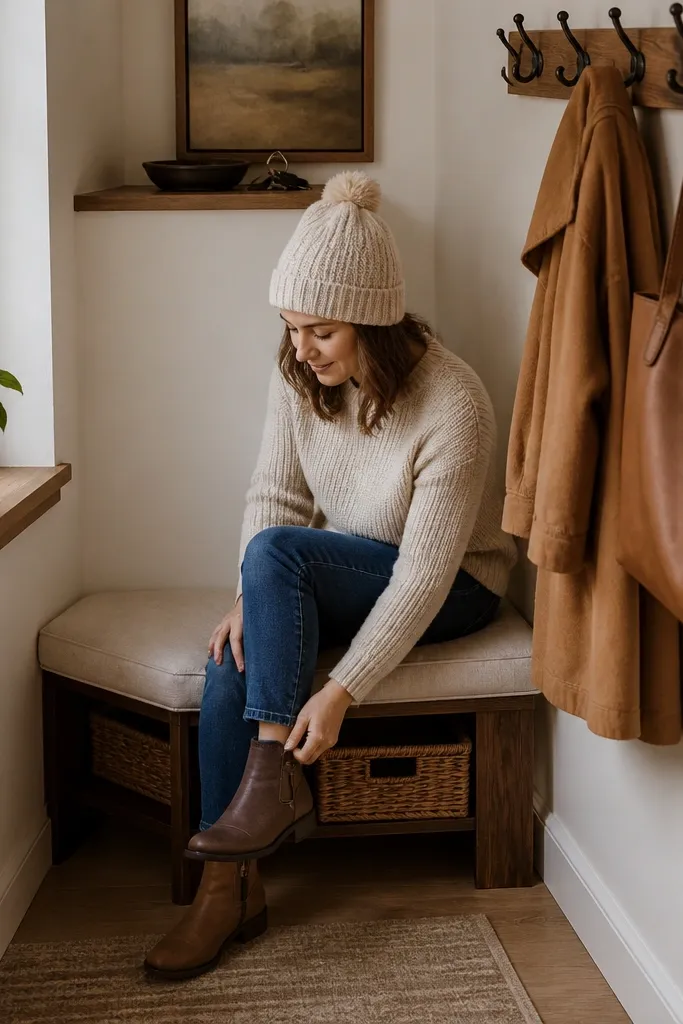 Narrow bench in the corner with wall hooks and a small gallery ledge