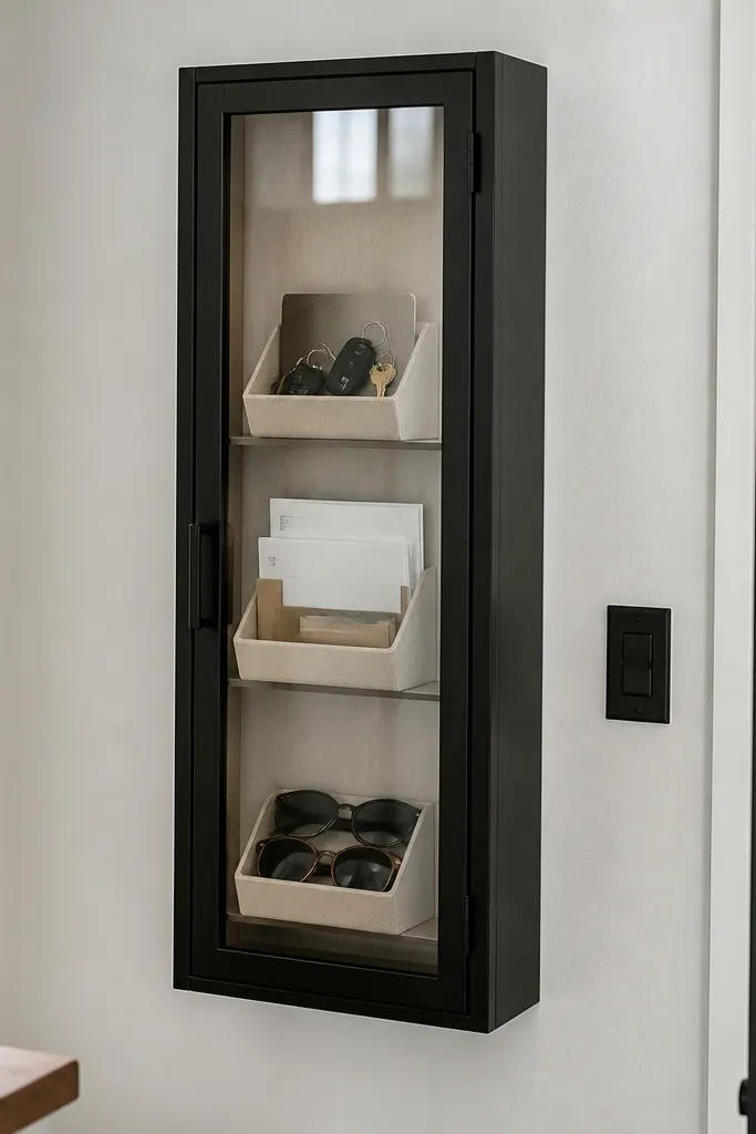 Slim wall cabinet with glass door and labeled bins for entry items