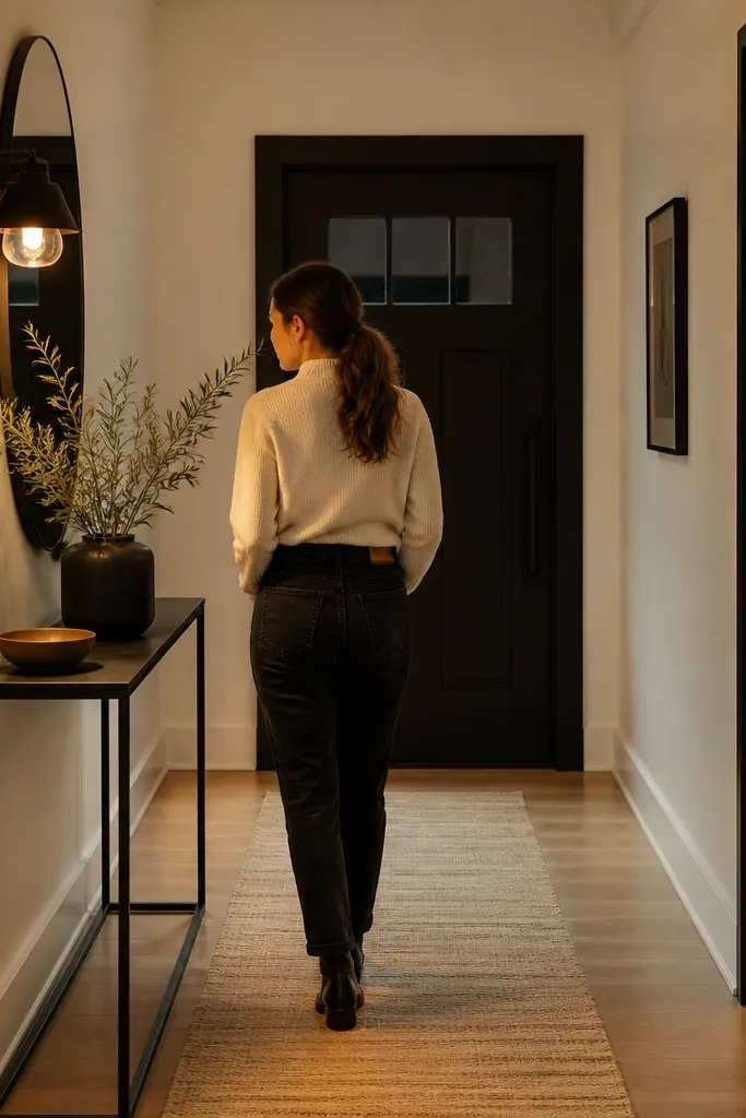 Matte black wall sconce beside a mirror with warm light