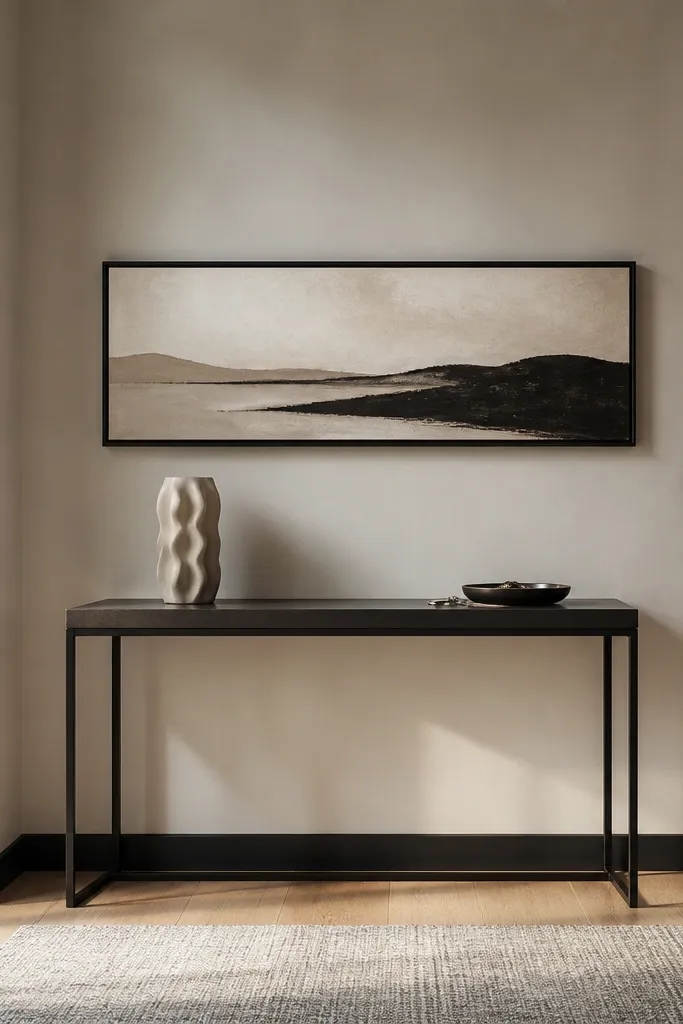 Long horizontal framed art above a narrow console with minimal decor