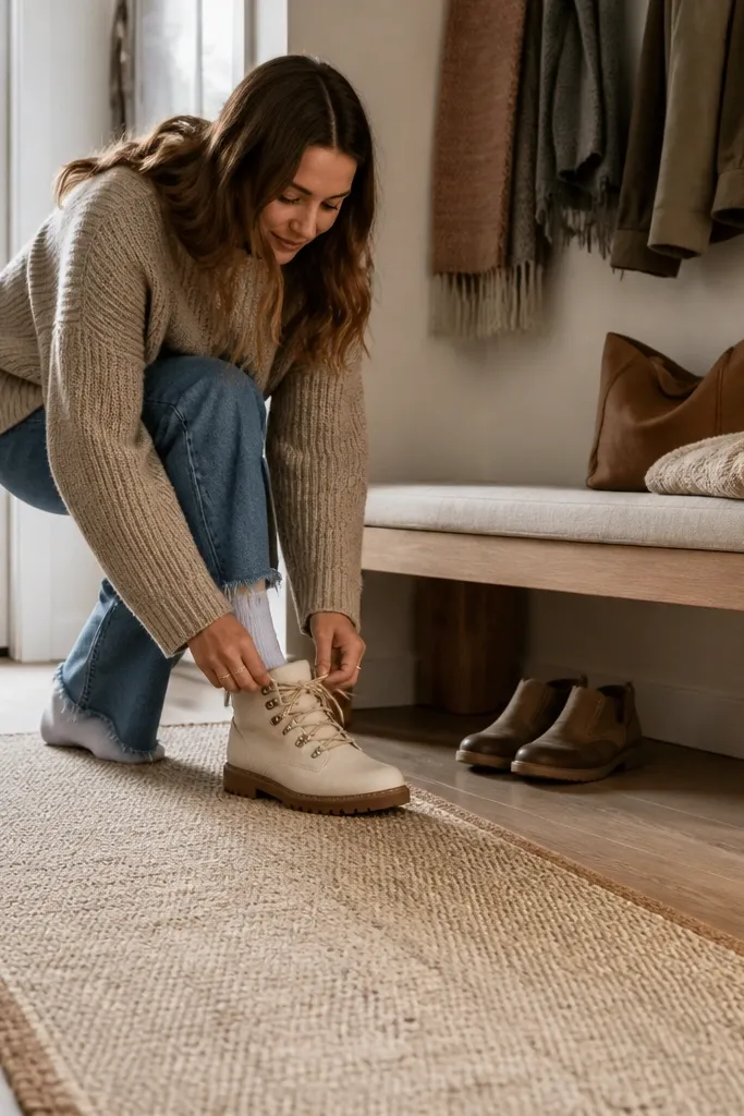 Wool-like runner rug with low shoe bench and a small tray on top