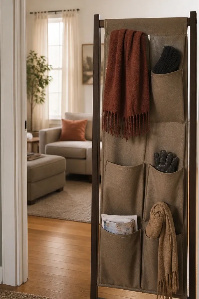 Slim folding screen with fabric pockets near a narrow entry