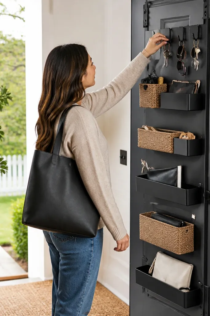 Organizer on the back of the entry door with matching color bins