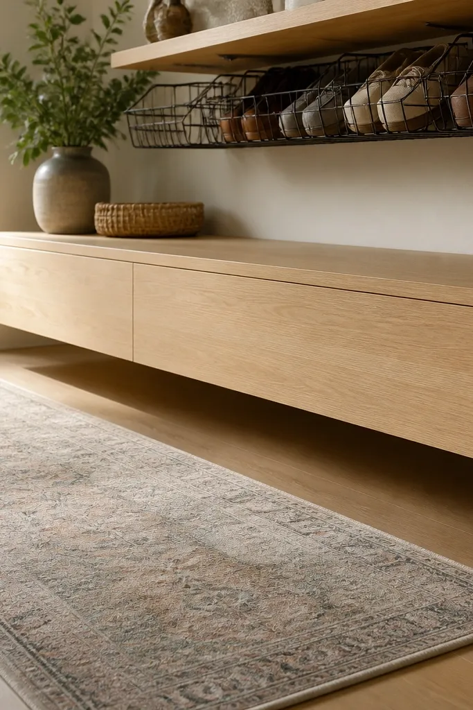 Floating bench in light oak with baskets under a narrow wall shelf