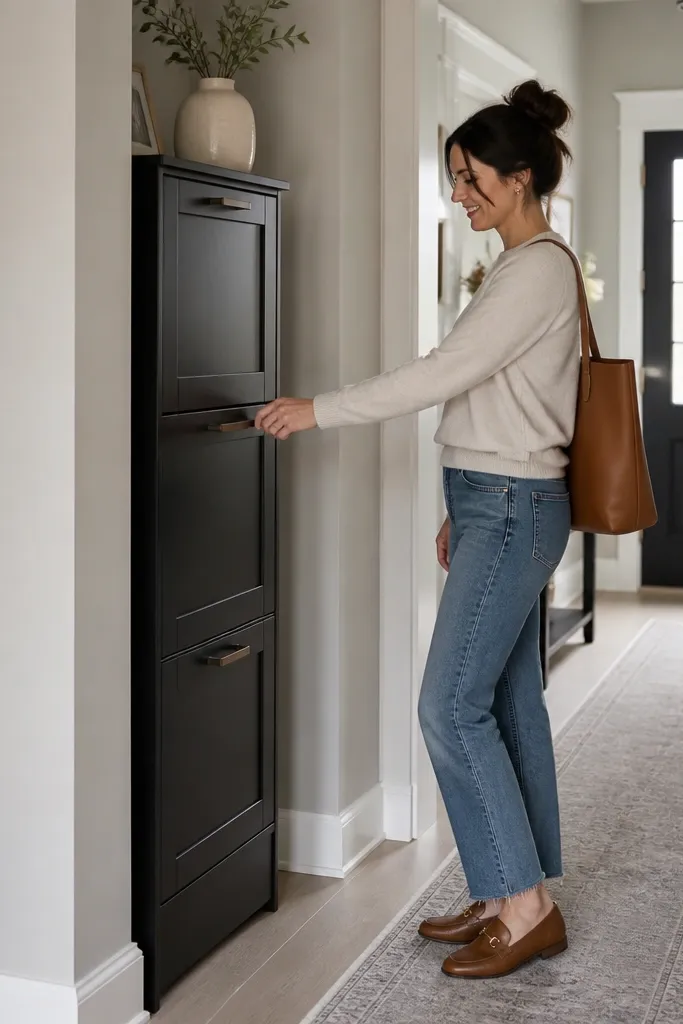 Tall slim shoe storage in a niche with doors and minimal top decor