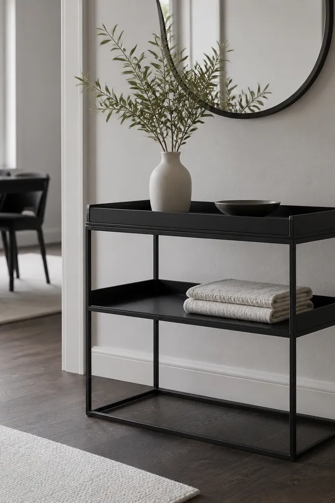 Small black bar cart with tray and vase in a monochrome entry
