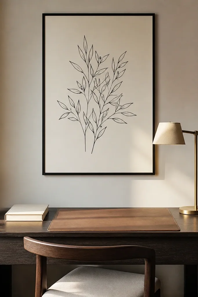 Centered black frame with minimal line art above a small study table