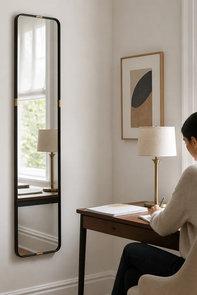 Tall slim mirror with a thin black frame on the wall beside a small desk