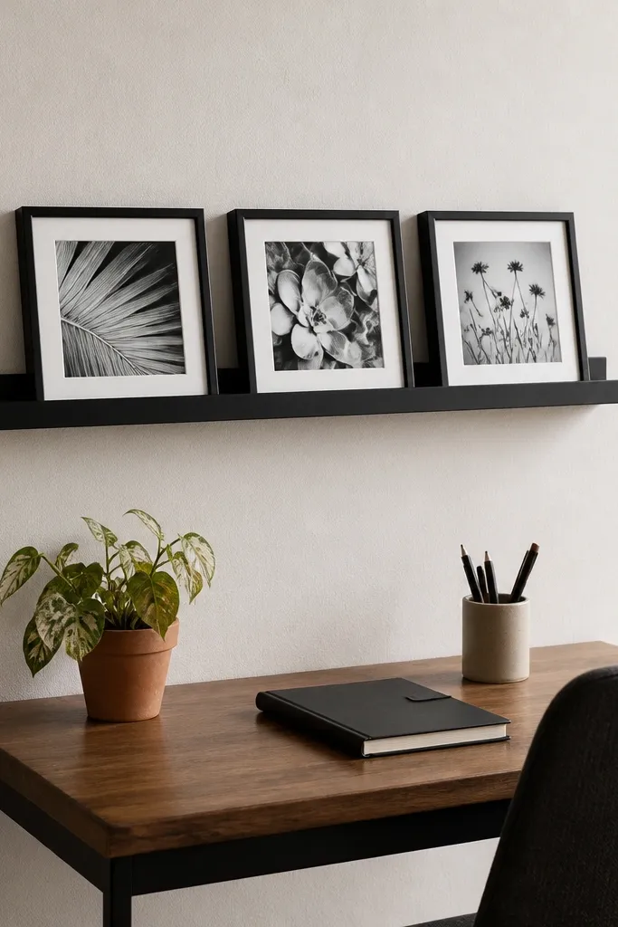 Three small frames in a straight line on a wall rail above a narrow desk