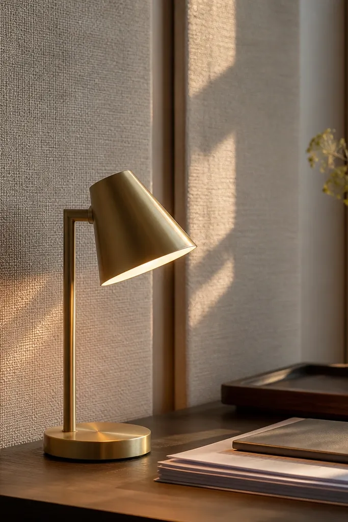 Two vertical fabric panels on the wall behind a desk lamp and small table