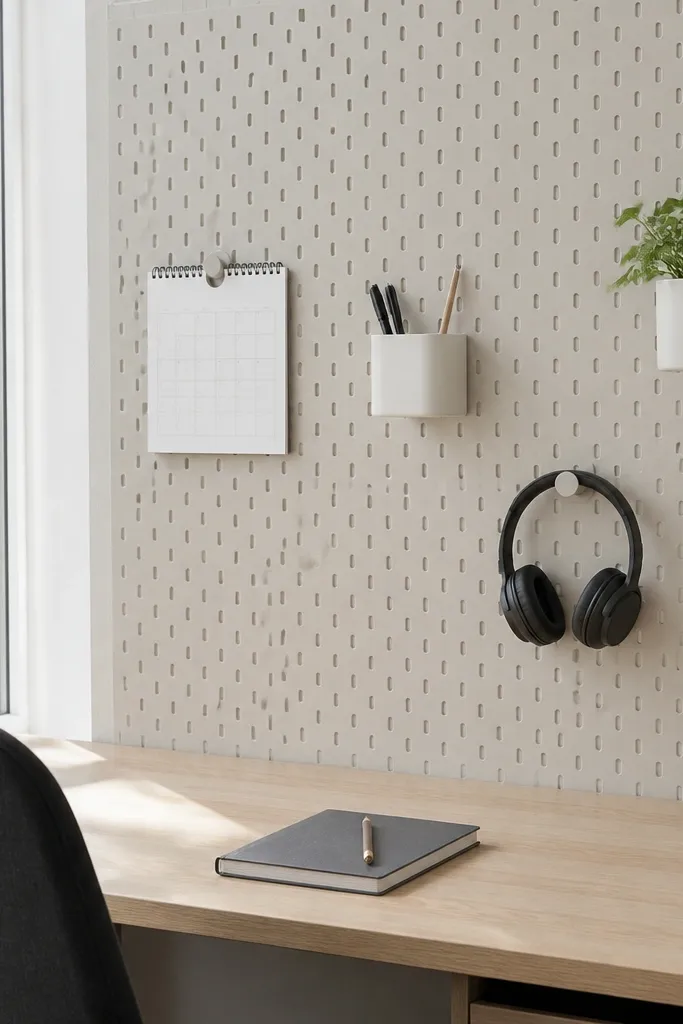 White pegboard with neatly spaced hooks and a small calendar above a desk