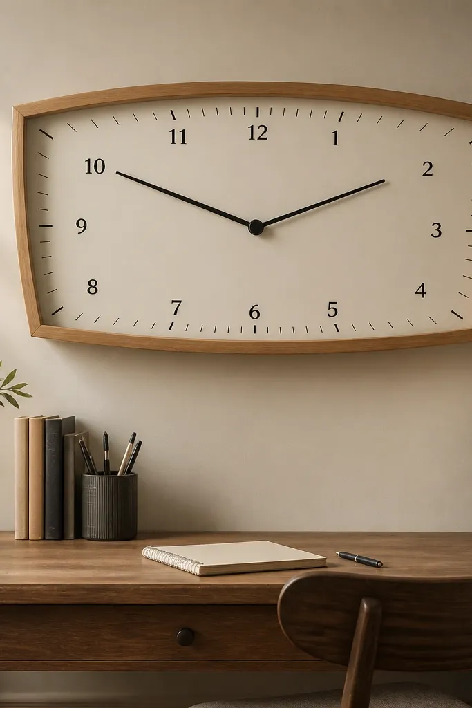 Large wall clock with curved design above a small study table