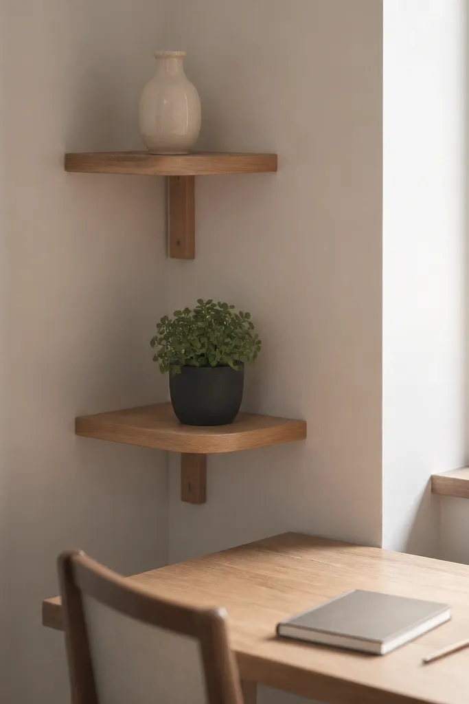 Two small corner shelves with one plant and a few books above a desk