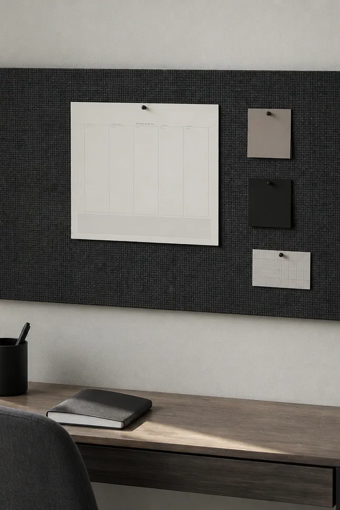 Monochrome fabric pinboard with a few pinned notes above a small desk
