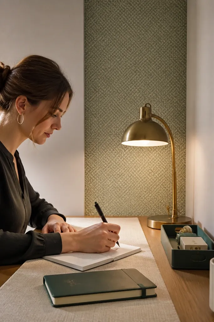 Narrow wallpaper strip behind a small desk area with minimal framed art