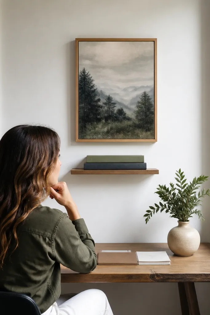 Small framed art above a narrow ledge holding a few slim books