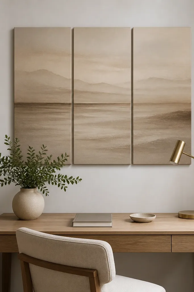 Three-panel canvas artwork arranged above a small desk in soft neutrals