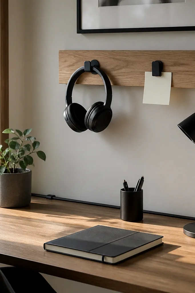 Small wall shelf with hooks for headphones and a note holder above a desk