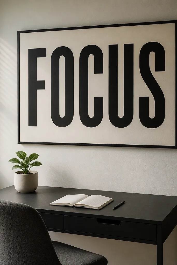 Large typographic wall text in black above a small study table
