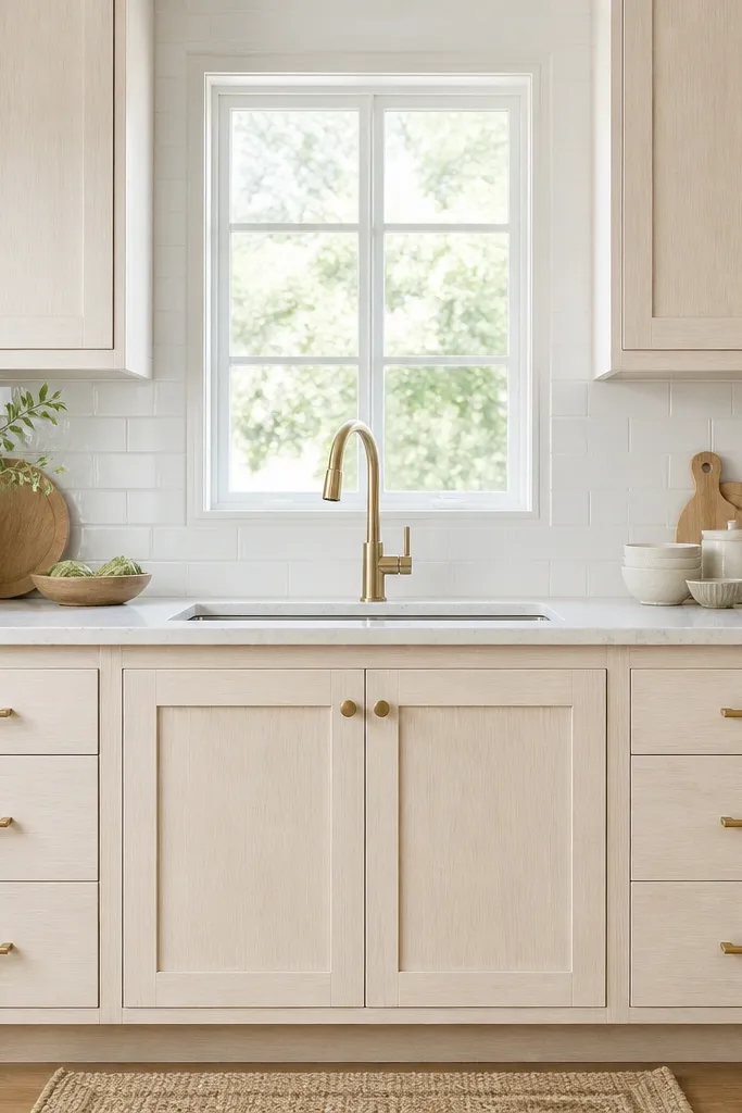 A small kitchen run with simple shaker cabinet doors in creamy white oak. Drawers have 3-inch brushed gold bar pulls aligned horizontally. The backsplash is bright white tile, and the counter is a light veined quartz. A sink is centered under a window with a single brushed gold faucet.