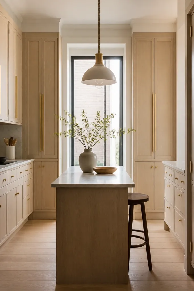 A narrow kitchen with tall upper cabinets in white oak. The doors have long vertical gold bar pulls running straight down the center. Lower cabinets have simpler knobs in the same brushed gold finish. The room is lit by a single pendant over a small island.