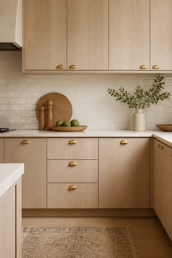 Modern flat-panel cabinet fronts in light white oak. Hardware is small gold cup pulls mounted flush, with a consistent spacing across drawers and doors. The backsplash is a light glossy subway tile, and the countertops are a pale warm stone.
