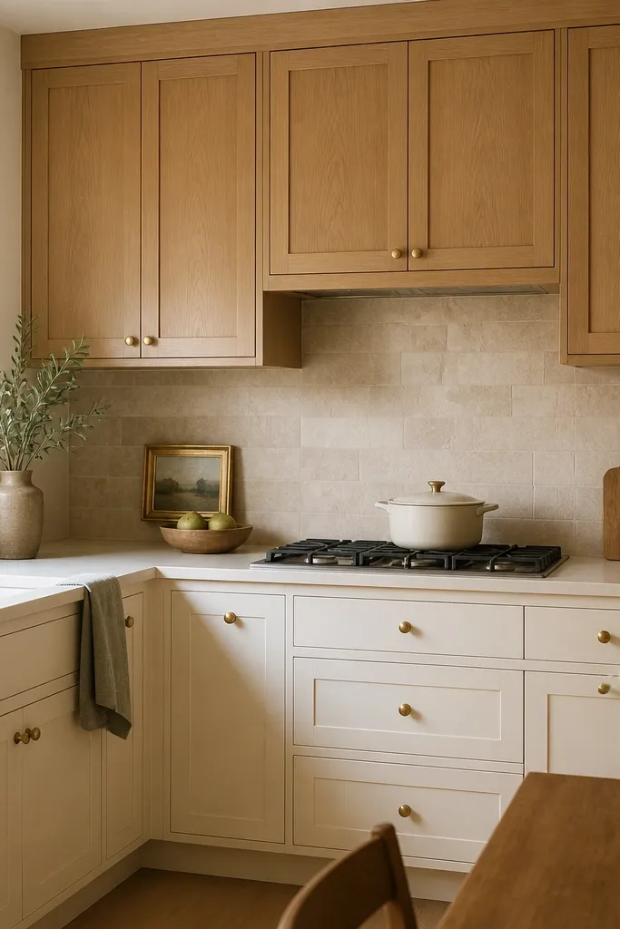 A compact kitchen with white oak upper cabinets and warm white lower cabinets. Upper doors use small round brushed gold knobs, while lower drawers use matching knobs. The backsplash is neutral beige stone, and the wall paint is a soft creamy off-white.