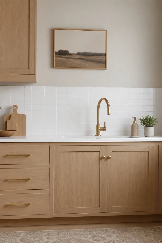 White oak cabinetry with drawer fronts fitted with gold bar pulls. Cabinet doors use small gold knobs placed centered on the door. The backsplash is white and the walls are a light greige. A gold faucet matches the hardware.