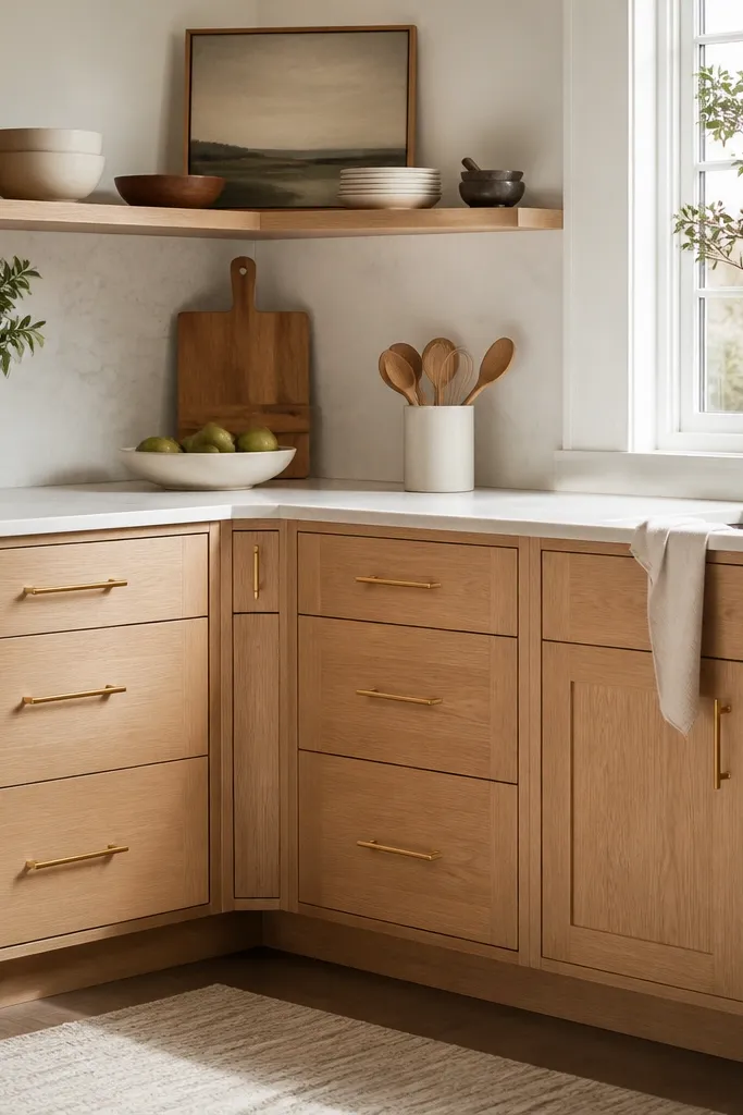 A corner kitchen with a diagonal cabinet run or corner base cabinet. The gold hardware on both sides aligns in a straight visual line across the corner and around a small filler. White oak cabinets and matching gold pulls appear evenly spaced.