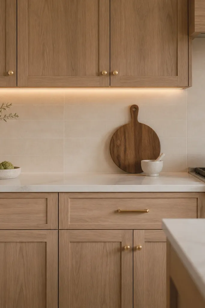 Light white oak cabinets with satin gold pulls and knobs. The backsplash is a warm cream tile with a subtle matte finish and no strong pattern. The countertop is light with soft veining. Lighting is under-cabinet warm LED strips.