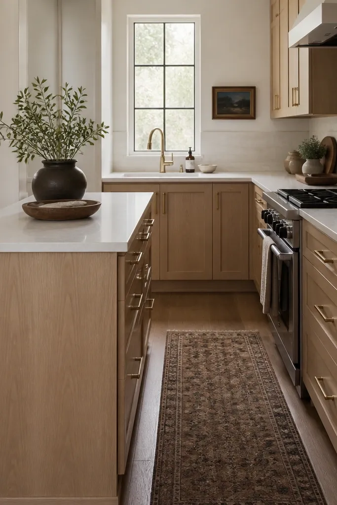 A small kitchen with a narrow island. The island apron is finished in white oak matching the cabinets. Gold pulls appear on the island drawers and on cabinet drawers. The island countertop is a light quartz slab with a clean edge profile.
