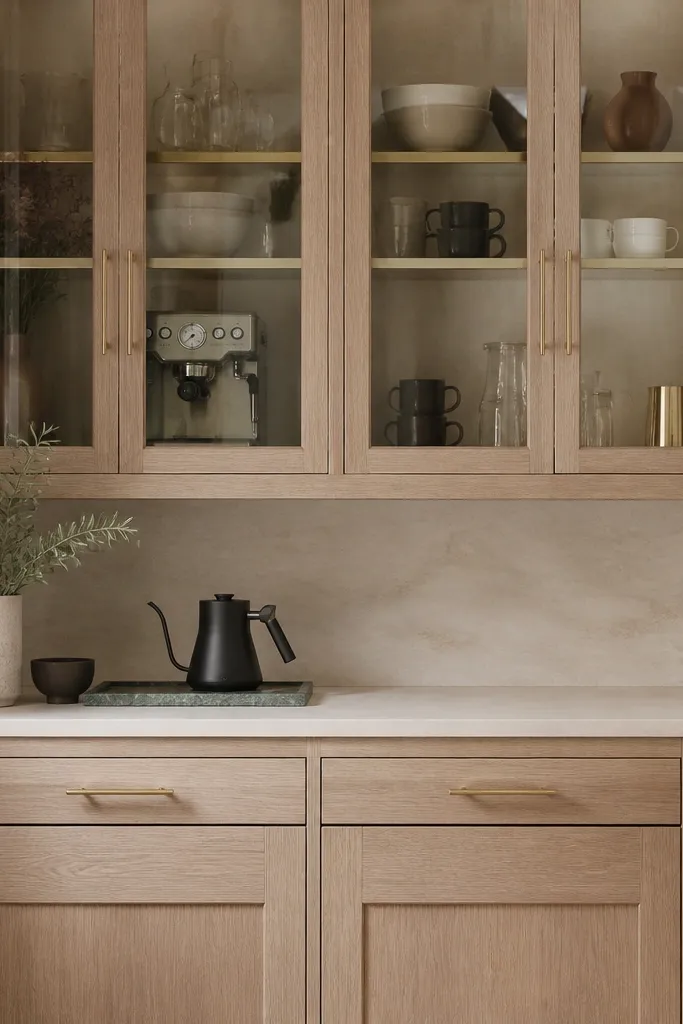 Upper cabinets with clear glass panes in white oak frames. Gold pulls are on the door muntins, and there's a subtle gold or warm metal trim inside the cabinet. The lower cabinets are solid white oak. A coffee setup sits inside the glass.