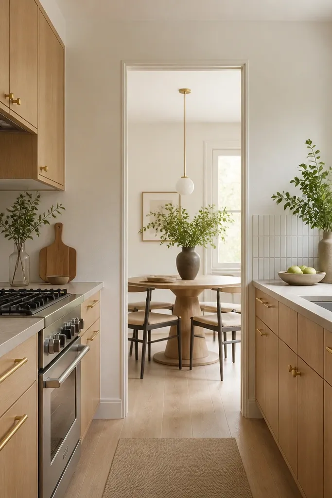 A small galley kitchen with white oak cabinets that show a clean edge detail. Gold bar pulls and matching knobs sit on doors and drawers. The walls are a creamy off-white, and the backsplash is a simple thin-line tile.