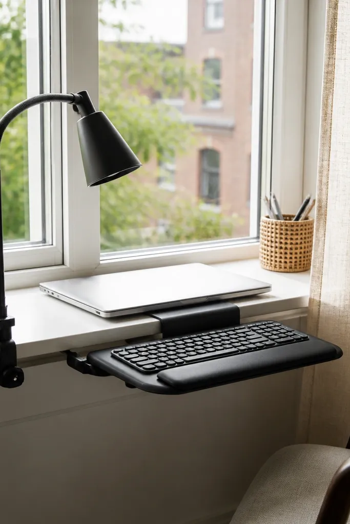 A narrow white window sill used like a desk, with a closed laptop centered, a small black keyboard tray extension, and a clip-on lamp angled toward the keyboard. A light linen curtain frames the sides, and a rattan pen cup sits near the edge.