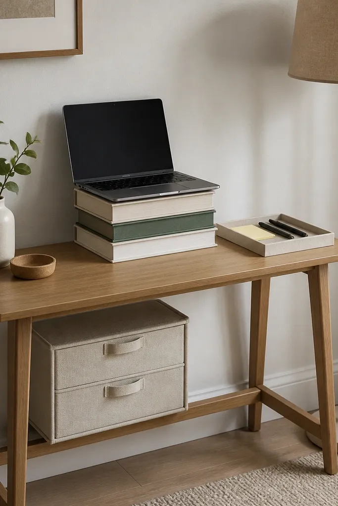 A slim wooden desk against a wall with a laptop on a tidy stack of three hardcover books. A small tray holds sticky notes and pens. A fabric drawer organizer sits under the desk, and a neutral floor lamp stands to the side.