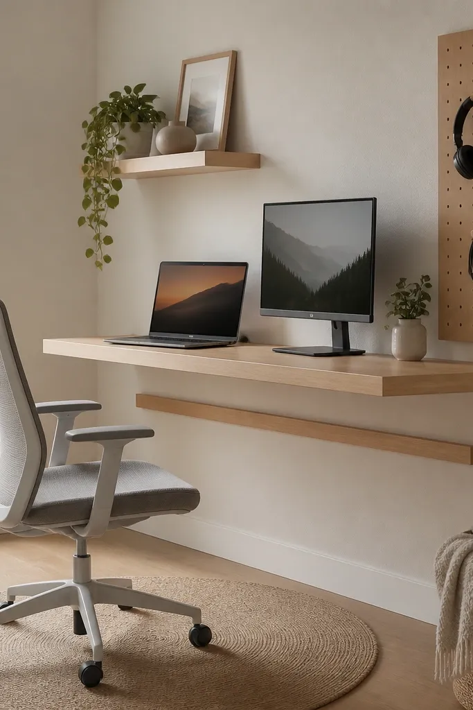 A floating wall shelf in light oak holds a laptop and small monitor. A narrow wall rail below the shelf hides cable runs. A vertical pegboard panel holds headphones and a charging cable. A small round rug anchors the chair area.