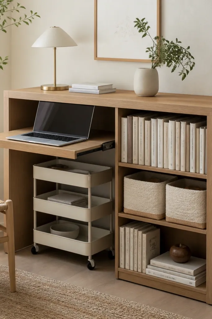 A compact bookshelf unit with a desk surface on one side and books on the other. A sliding wooden tray pulls out to hold a laptop. A rolling cart fits under the open section. Soft white baskets sit on a middle shelf.