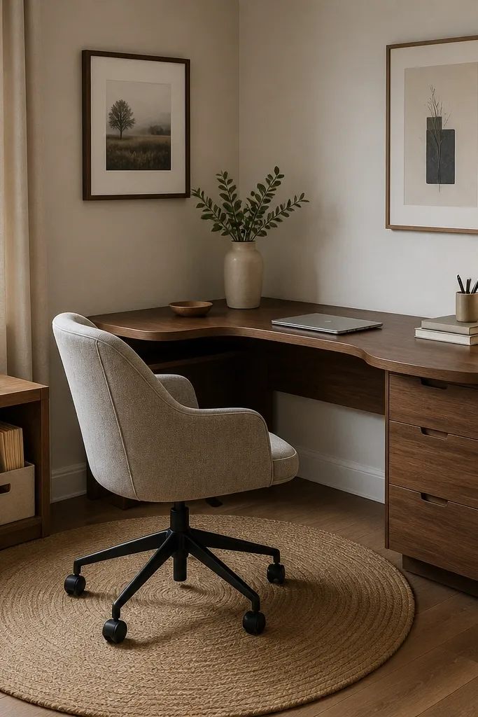 A small L-shaped corner desk in walnut tone with a curved edge. A round jute rug sits under the chair. A low bench or cabinet on the side holds files in labeled bins. A warm fabric drum shade lamp sits near the desk.
