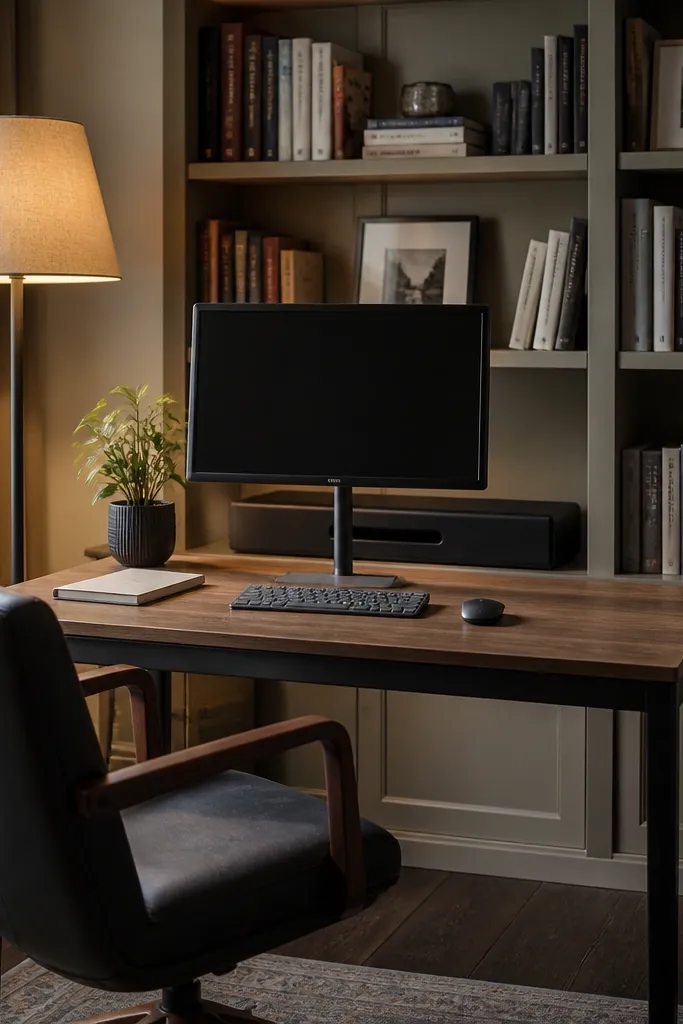 A small desk in front of a bookshelf. The monitor sits on a slim stand, and a cable organizer box sits behind the desk. Behind the desk, books are arranged with a few framed photos. A soft lamp with a beige shade lights the left side.