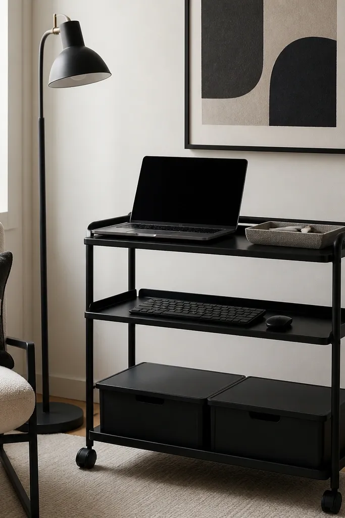 A slim rolling cart with three levels in matte black. The top holds a laptop and a small tray, the middle holds a keyboard, and the bottom has closed storage bins. A throw pillow and a wall print match the cart's colors. A floor lamp stands beside it.