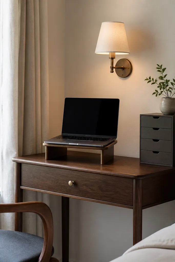 A slim bedside table repurposed as a desk, with a laptop on a small stand. A narrow drawer unit sits on top for files. A wall sconce with a fabric shade provides warm light. A small plant in a ceramic pot sits at the far corner.