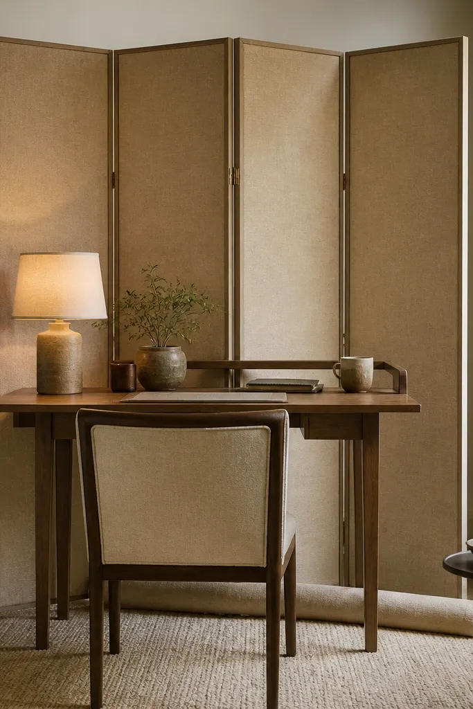 A folding linen screen placed behind a small desk area. The desk faces inward toward the room, not the door. A warm table lamp sits on the left side, and a slim shelf holds a notebook and coffee mug. Cables disappear behind a fabric-covered cord organizer.