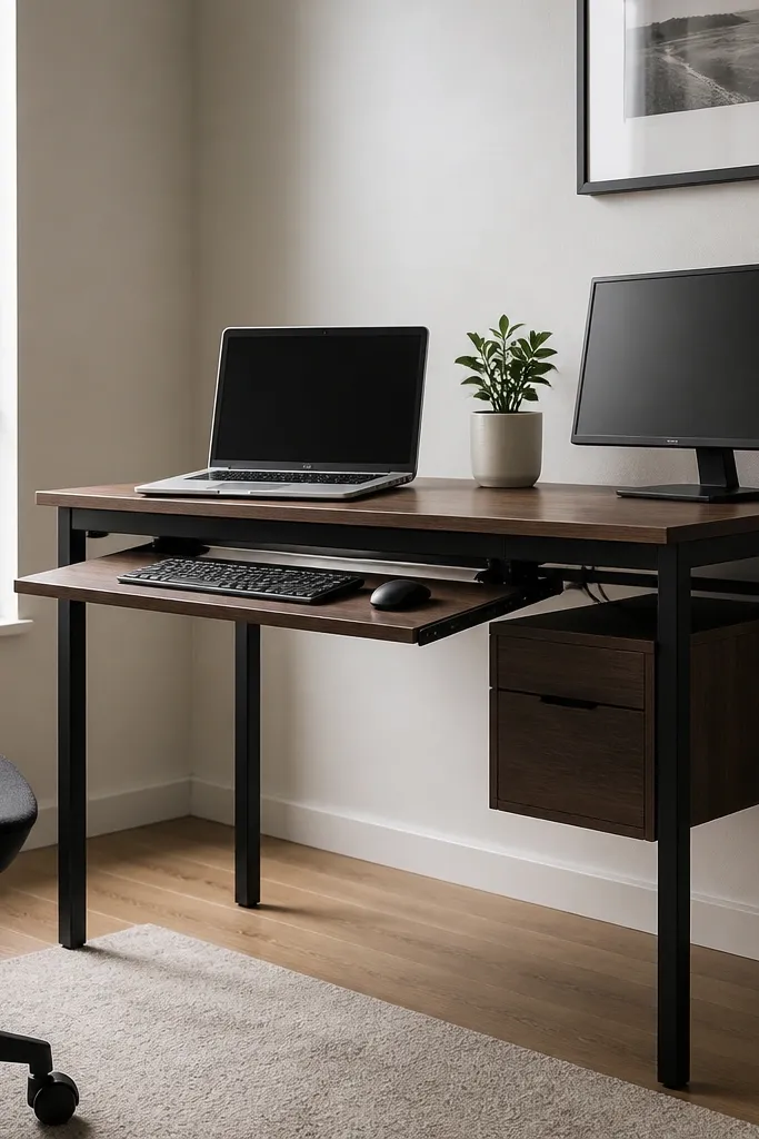 A slim desk with an under-desk pull-out keyboard tray. The laptop sits on top, a small monitor is angled slightly, and a closed drawer unit hangs under the desk. Cable ties hold cords along the desk underside.