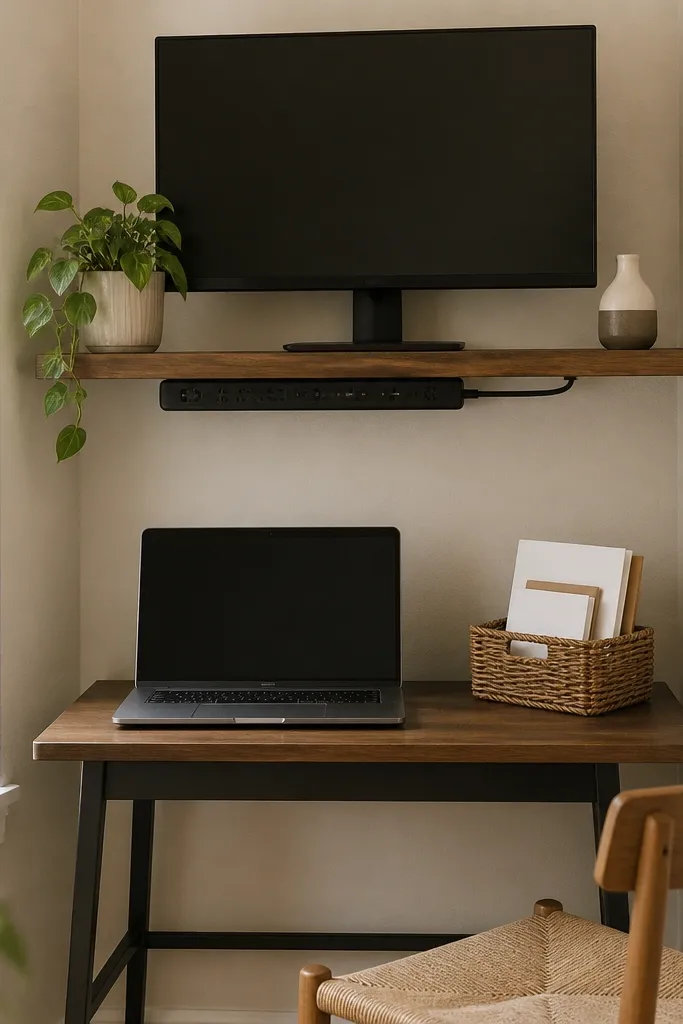 A small table with a second floating shelf above it. The laptop sits on the lower table, while a monitor sits on the upper shelf. A hanging cable strip runs along the shelf underside. A small wicker basket holds mail on the lower level.