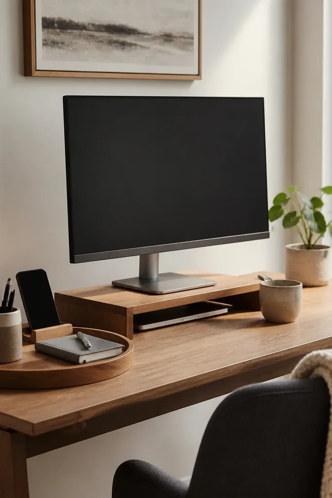A compact desk with a round wooden tray holding pens, a phone stand, and a small notebook. A fabric cable sleeve runs from the wall power to the desk. The monitor sits on a low riser, and a knit throw is folded on a nearby chair.