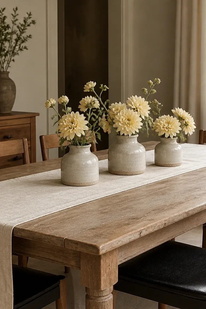 A dining table with a slightly worn light wood finish. A cream linen runner runs down the center. Three short ceramic jars sit on the runner with pale yellow flowers, and the chairs are simple wood with dark seats.
