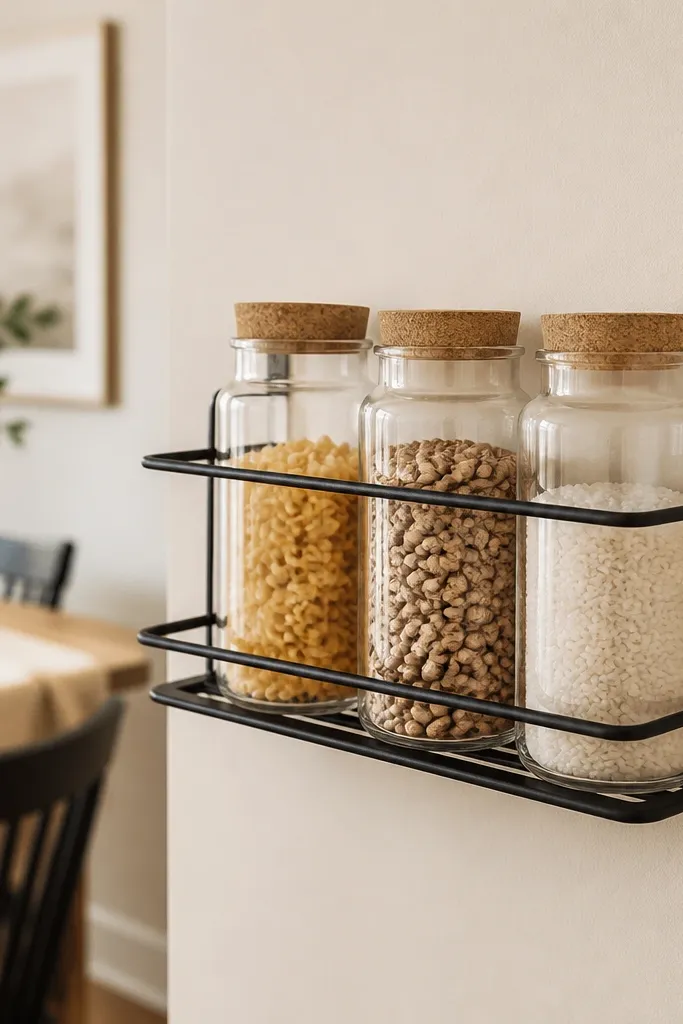 A small black metal bottle rack mounted or standing near the dining area. Three clear glass jars with cork lids sit on it, each holding dried pasta, beans, and rice. Background wall is cream.