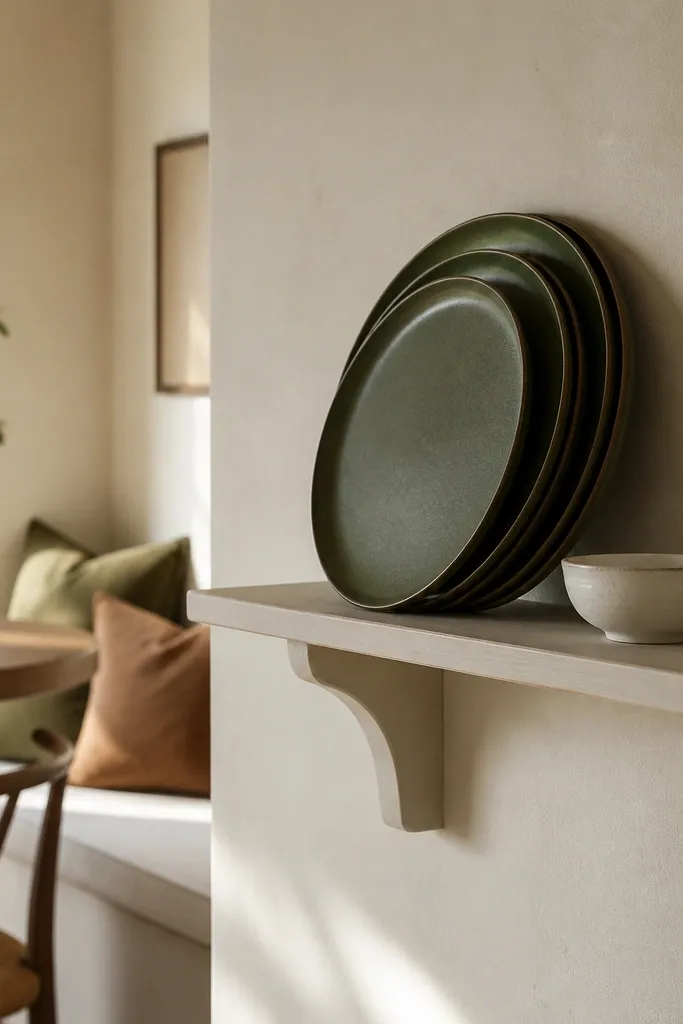 A narrow wall shelf painted cream with a small stack of moss green plates leaning slightly. Under it sits a small white bowl. The shelf is near a dining nook with warm light.